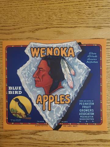 Wenoka Peshastin XF Bluebird Border Grown & Shipped By Fruit Crate Label