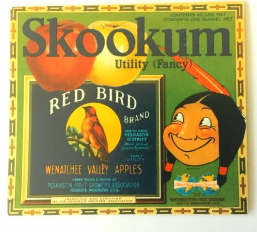 Skookum Red Bird 1916 Chin Fruit Crate Label