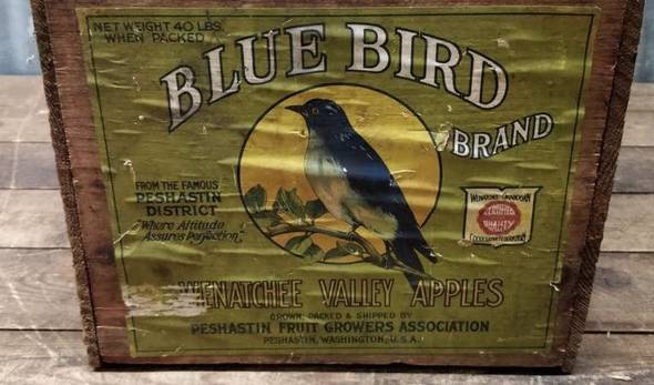 Blue Bird Green With Shield Fruit Crate Label